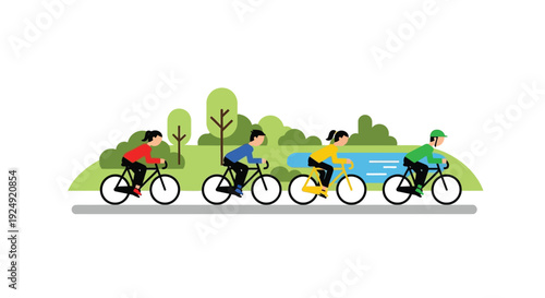 Four people cycling together on a path with trees and a lake in the background, enjoying outdoor leisure activity.
