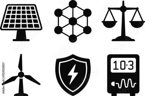A collection of black icons representing sustainable energy and technology