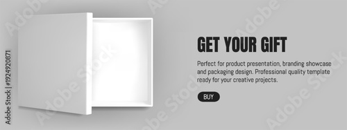 Top box mockup. 3d square open gift package with lid. Blank paper present above view. Carton rectangle pack cover for product display on illustration banner. Pizza container design on background