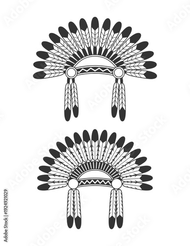 Intricate black and white illustrations of native american headdresses