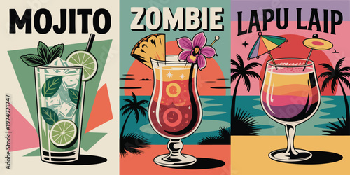 Tropical drinks wall art, retro cocktail illustration set with beach background