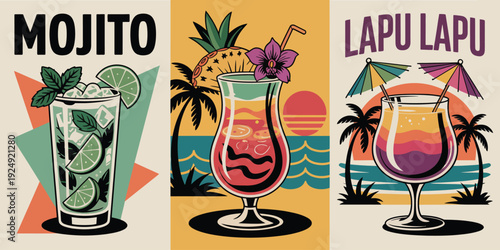 Cocktail poster set, vintage Mojito Zombie and Lapu Lapu retro triptych art