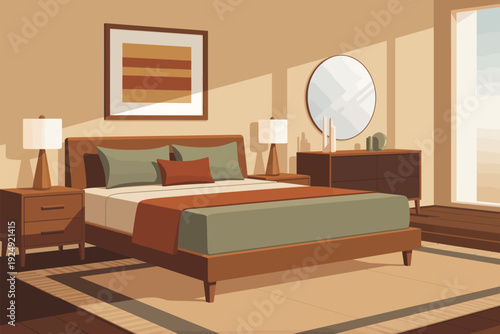 Bedroom decor illustration, low-profile bed with rust runner and sage green sheets art