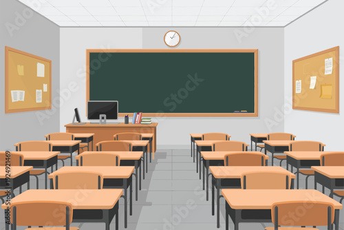 School classroom illustration, vintage pixelated teacher desk and green chalkboard art