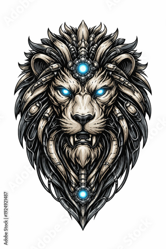 Vector Illustration of Biomechanical Style Tattoo of Lion Face
