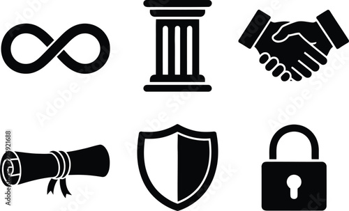 A set of six black and white icons representing security and partnership