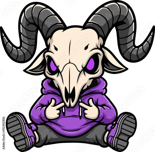 Cartoon character with goat skull and horns wearing purple hoodie sitting with hands gesture