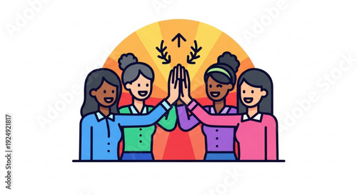 Four diverse women stacking hands in unity with a vibrant sunset background