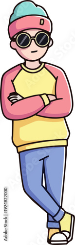 A young person in casual clothing stands confidently with arms crossed, wearing sunglasses and a hat, on a neutral background.