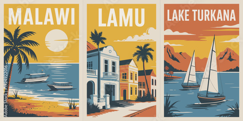 Malawi poster, vintage beach scene with boats palm trees and sunset design