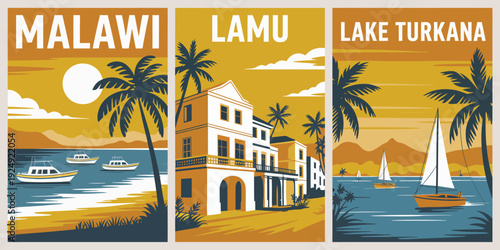 Malawi travel poster, retro tropical lake landscape with orange sky illustration