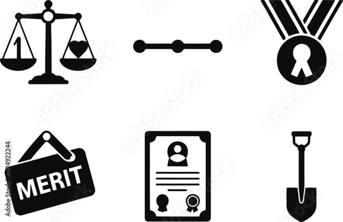 A collection of black and white icons representing justice and merit