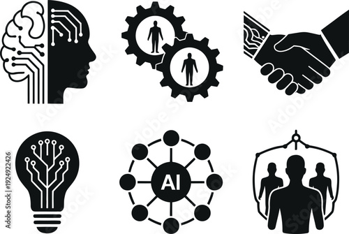 A collection of black and white icons representing artificial intelligence concepts
