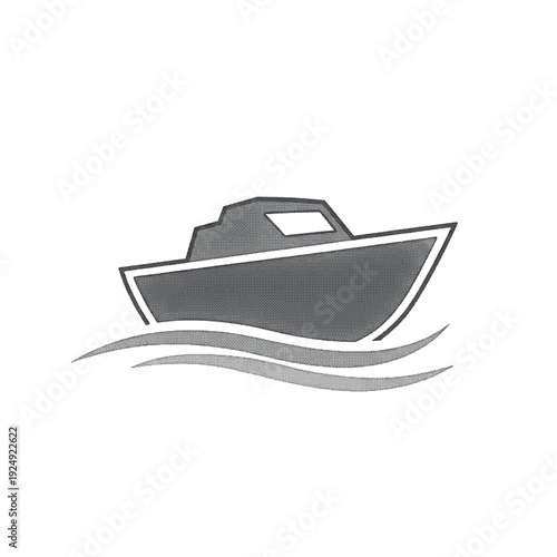 Motorboat vector icon in gray and white. Simple flat design boat on water waves symbol.