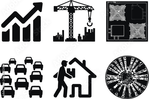 A collection of black and white icons representing business and construction