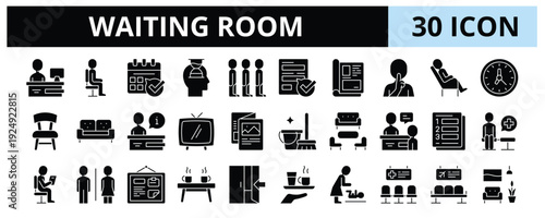 30 Waiting Room Glyph Icons Vector - Reception, Appointment, Chair, Queue, Magazine, comfort, Service, Office