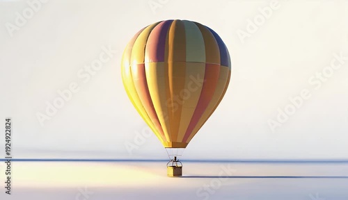 A gracefully designed hot air balloon, featuring vibrant yellow and orange stripes, gently hovers above a pristine, minimalist surface, capturing the spirit of aerial adventure and serene exploration