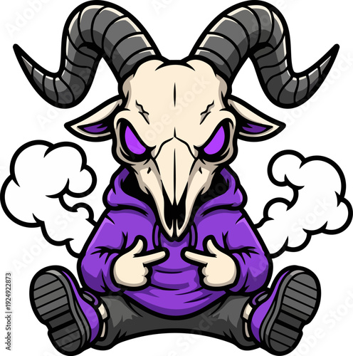 Illustration of a goat skull character wearing purple hoodie and sneakers, sitting cross-legged with horns and purple eyes surrounded by smoke