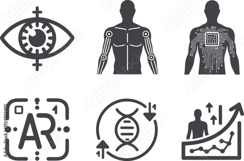 A collection of futuristic technology icons representing artificial intelligence and innovation