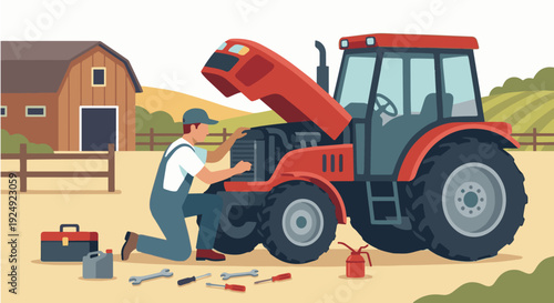 Tractor Driver Repairing Tractor
Flat vector illustration of a tractor driver checking or repairing a tractor. Tools and open hood visible. Flat vector style, practical farm maintenance.