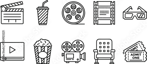 Cinema and Movie Theater Line Icons Set Featuring Film Entertainment Popcorn Tickets Glasses and Video Elements