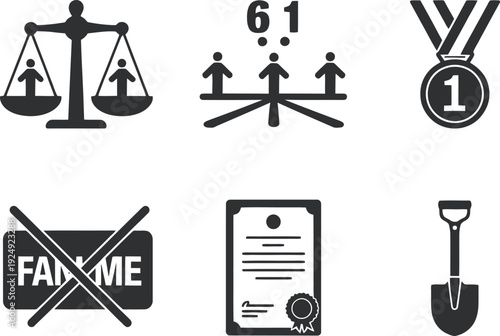 A set of black and white icons representing fairness and equality