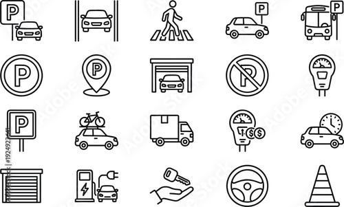 Parking and Car Service Line Icons Set Featuring Garage Signs Payment Transport Safety and Vehicle Symbols
