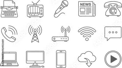 Communication and Media Line Icons Set Featuring Telephone Radio Television News WiFi Cloud and Digital Devices
