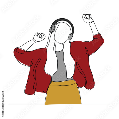 Continuous line sketch drawing of young woman happy listening music melody on headphones earphone object technology entertainment vector illustration one single line editable stroke
