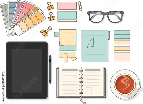 Colorful office desk workspace accessories.