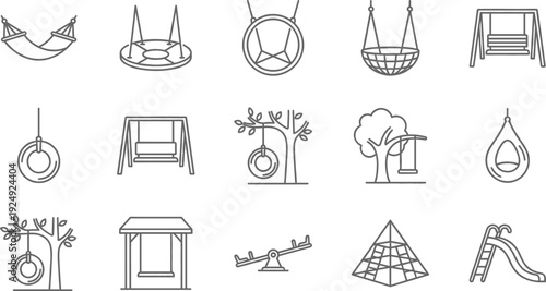 Playground Equipment Line Icons Set Featuring Swings Slides Seesaw Climbing Frame Treehouse and Outdoor Park Elements