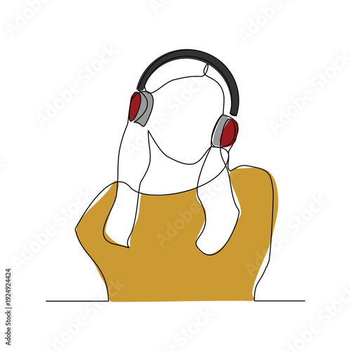 Continuous line sketch drawing of young woman happy listening music melody on headphones earphone object technology entertainment vector illustration one single line editable stroke