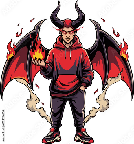 A youthful figure transforming into a demon with fiery wings and horns stands confidently holding flames