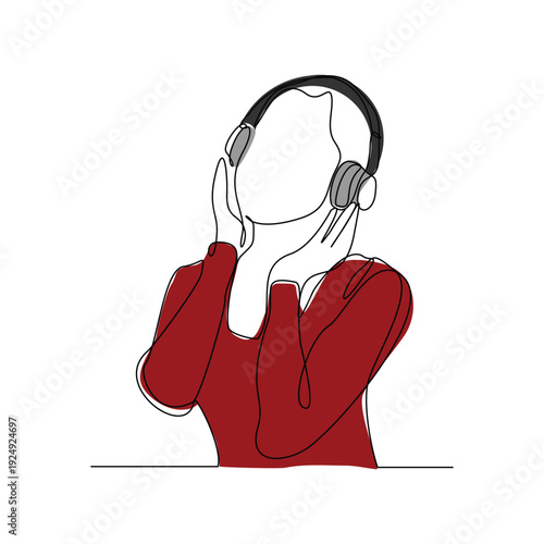 Continuous line sketch drawing of young woman happy listening music melody on headphones earphone object technology entertainment vector illustration one single line editable stroke