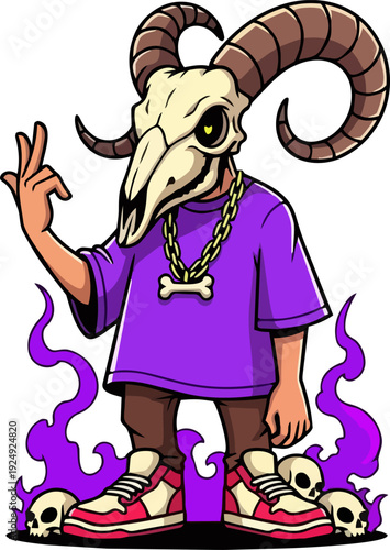 Illustration of a person wearing a ram skull mask and casual clothing standing amidst purple flames and skulls