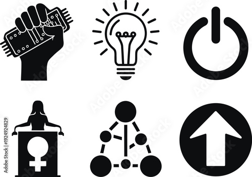 A collection of black and white icons representing empowerment and innovation