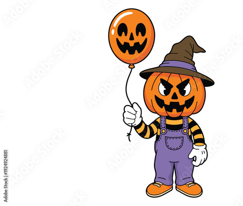 Cartoon pumpkin character wearing overalls and holding a jack o lantern balloon
