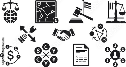 A collection of business and law icons on a white background