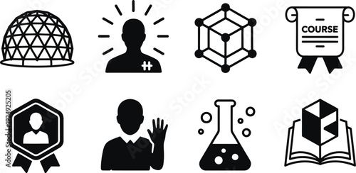 A collection of black and white icons representing education and learning