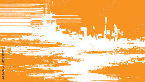 Cityscape silhouette with urban skyline and distressed texture effect on orange background