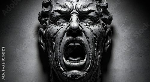 Dramatic Stone Sculpture of a Screaming Man Face with Cracked Texture in Dramatic Lighting