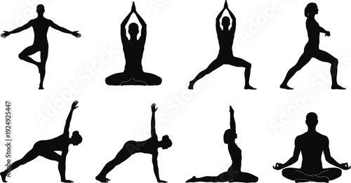 A serene yoga practice with various poses in black silhouette