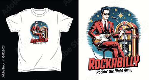 Rockabilly t shirt design vector illustration print ready rockin night away merch