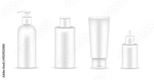 White cosmetic packaging set pump bottle cylinder bottle tube and dropper minimal style