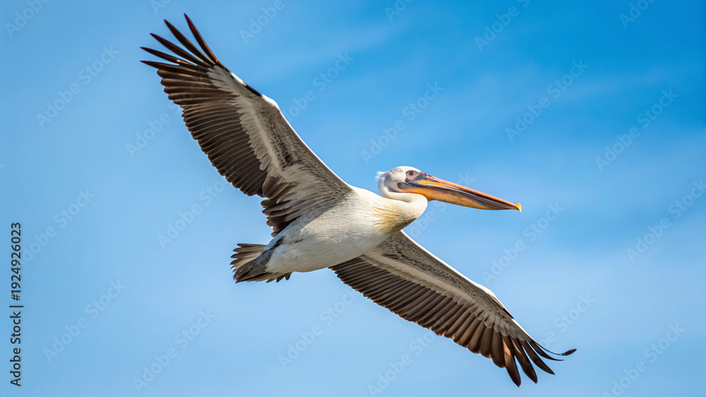 Fototapeta premium Pelican flies in the sky above the water during the day in a coastal area with clear weather and bright blue sky