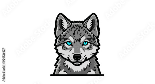 Stylized gray wolf head illustration with piercing blue eyes.