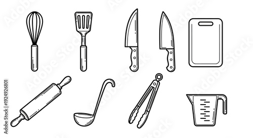 Collection of Hand-Drawn Kitchen Utensils and Cooking Tools