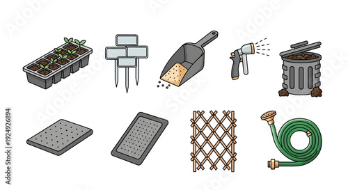 Set of cartoon gardening tool icons and planting supplies for home garden.