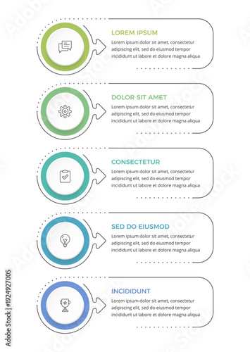 Five step workflow infographic with circular elements and arrows