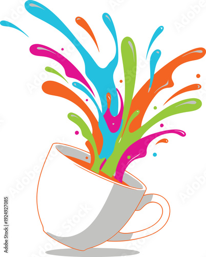 Coffee Cup Spilling Paint Splashes Minimal Two-Color Vector Illustration Creative Art Design